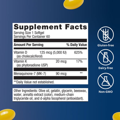 Vitamin D3 5000 + K, 60 Softgels